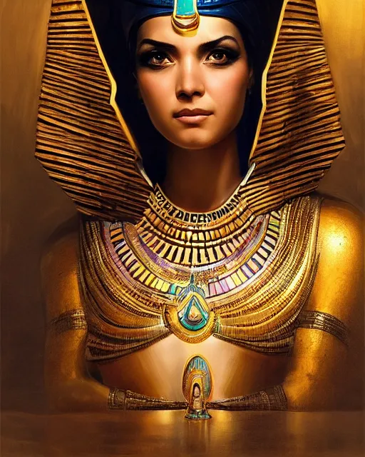 Image similar to Jessica Kahawaty as a beautiful egyptian princess, gorgeous, portrait, Symmetrical, powerful, intricate, beautiful, masterpiece, elegant, volumetric lighting, highly detailed, artstation, sharp focus, no cropping, illustration, Jean-Leon Gerome , ruan jia