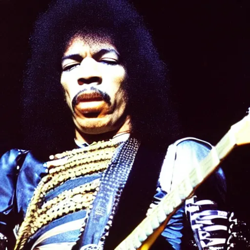 Image similar to jimi hendrix as a member of the band kiss in concert, color photo