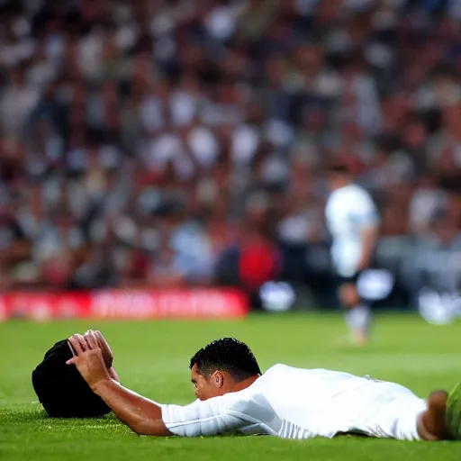 Image similar to ronaldo in a game laying down because he's tired and his teammates are angry at him