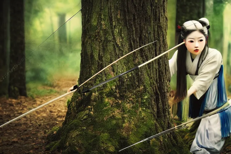 Image similar to beautiful photo of a young modern geisha archer, practising her aim in a forest, mid action, symmetrical face, beautiful eyes, huge oversized sword, award winning photo, muted pastels, action photography, 1 / 1 2 5 shutter speed, dramatic lighting, anime set style