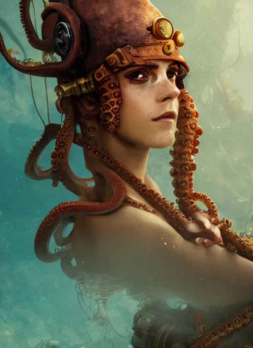 Image similar to underwater steampunk pirate portrait of emma watson, red hair, octopus, hyper detailed, digital art, cinematic lighting, studio quality, smooth render, unreal engine 5, octane rendered, art style by klimt and nixeu and ian sprigger and wlop and krenz cushart.