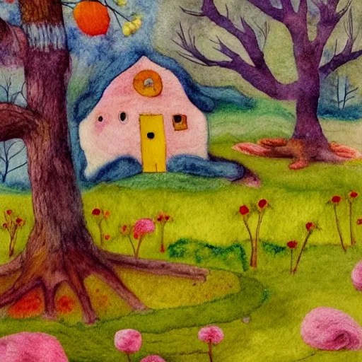 Prompt: small wooden house in the middle of spring forest, bright colours, watercolor, volumetric wool felting, macro photography, children illustration, by giorgio de chirico