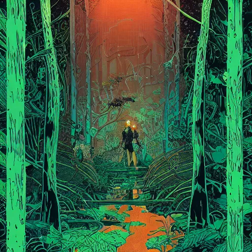 Image similar to stunningly intricate portrait of a single cyberpunk explorer in a lush forest, highly detailed, midnight, by victo ngai and afarin sajedi, moebius, laurie greasley