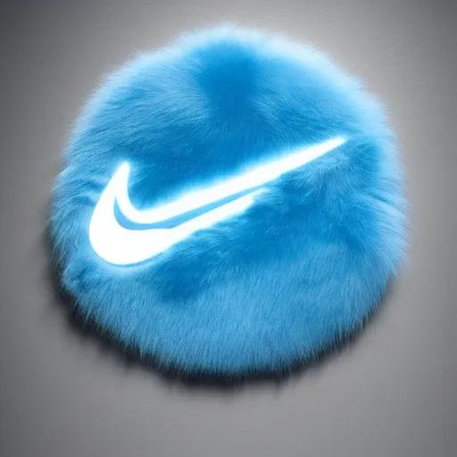 Image similar to nike logo made of very fluffy blue faux fur placed : : on reflective surface, nike logo, professional advertising, overhead lighting, heavy detail, realistic by nate vanhook, mark miner