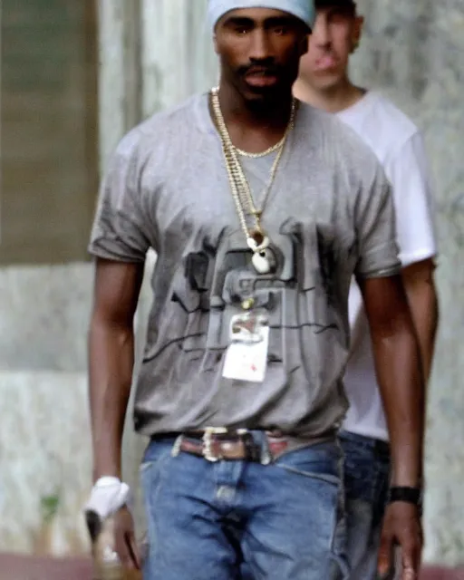 Image similar to tupac spotted in cuba, 2 0 0 9, paparazzi photo, hidden camera, low quality, shot from far away