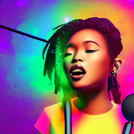 Image similar to beautiful blasian woman singing into microphone, hip hop vaporwave, abstract background, neon, photorealistic, detailed, 4k