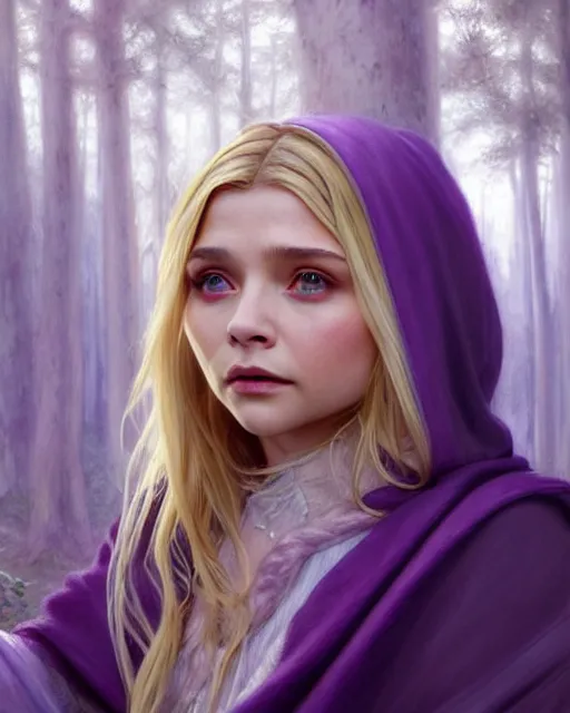 Image similar to cute young mage chloe grace moretz casting a spell, blonde hair, forest, purple heavy cloak and chemise, fantasy character portrait, ultra realistic, intricate, elegant, highly detailed, digital painting, artstaion, smooth, sharp, focus, illustration, art by artgerm and greg rutkowski and alphonse mucha