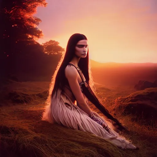 Image similar to photographic portrait of a stunningly beautiful gothic native american female in soft dreamy light at sunset, contemporary fashion shoot, by edward robert hughes, annie leibovitz and steve mccurry, david lazar, jimmy nelsson, breathtaking, 8 k resolution, extremely detailed, beautiful, establishing shot, artistic, hyperrealistic, beautiful face, octane render