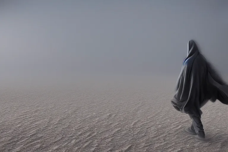 Image similar to mysterious figure in striking cloak walking through sandstorm in desolate desert, buried city, global illumination, hyper - realistic, insanely detailed and intricate, cinematic 8 k