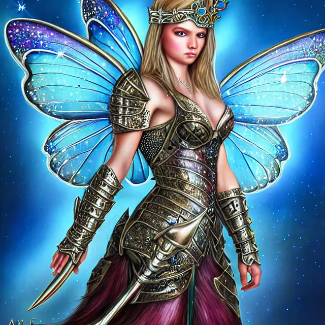 Image similar to fairy warrior queen in sparkling armour, highly detailed, 4 k, hdr, smooth, sharp focus, high resolution, award - winning photo, illustrated by anne stokes, photorealistic