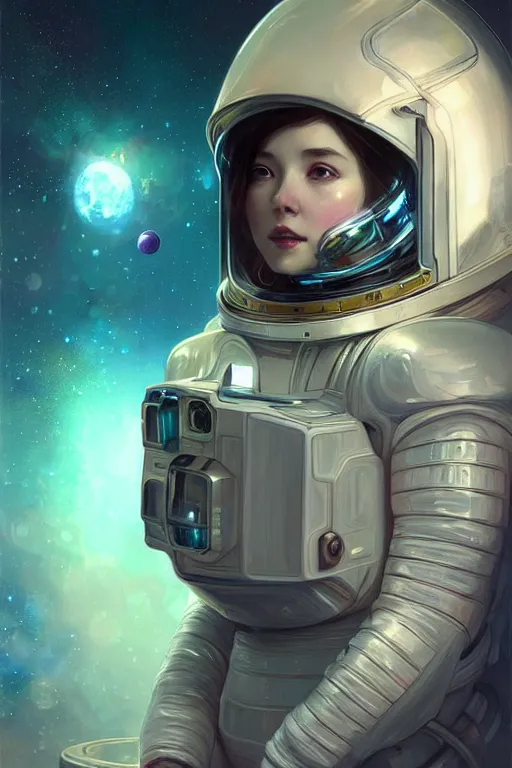 Image similar to portrait armored astronaut girl, floating inside spaceship command room viewing galaxy, ssci-fi mirror neon reflect light and fantasy, intricate and very very beautiful and elegant, highly detailed, digital painting, artstation, concept art, smooth and sharp focus, illustration, art by tian zi and WLOP and alphonse mucha