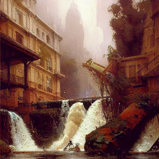 Image similar to waterfall flooding an entire city. victorian age. highly detailed painting by gaston bussiere, craig mullins, j. c. leyendecker