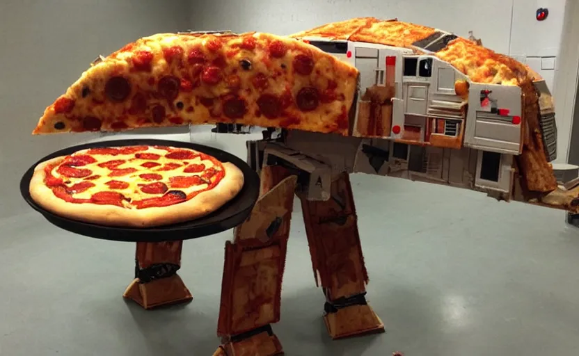 Image similar to a starwars at - at made of pizza