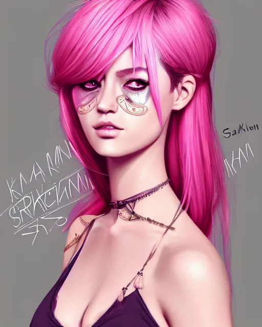 Image similar to portrait of beautiful girl with pink hair, low cut dress, boho chic. symmetry face, fine details. realistic shaded lighting, by sakimichan, kidmo, trending on pixiv, trending on artstation