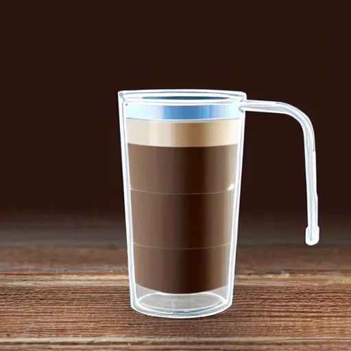 Prompt: a transparent coffee mug that is half full inside a fridge with an elephant