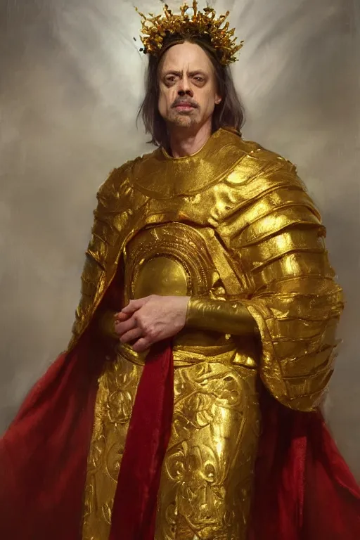 Image similar to beautiful portrait oil painting, steve buscemi wearing a golden wreath crown in royal crimson robes enthroned as the god emperor of ancient rome, mid - shot, by anders zorn, wonderful masterpiece by greg rutkowski, beautiful cinematic light, american romanticism, by thomas lawrence, greg rutkowski