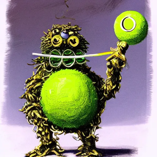 Prompt: a tennis ball monster wearing gold chain necklace smoking a blunt, digital art, fantasy, magic, trending on artstation, ultra detailed, professional illustration by Basil Gogos