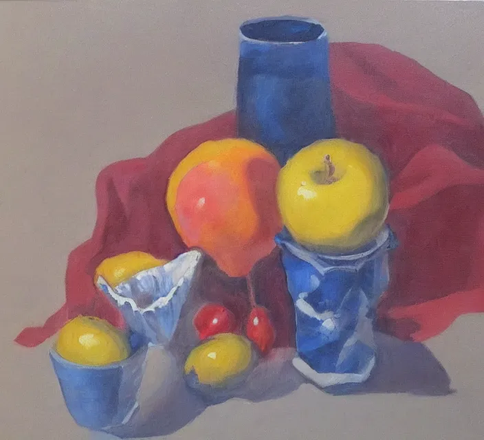 Image similar to a beautiful still life painting by a second-year art student; extraordinary masterpiece!!!!!