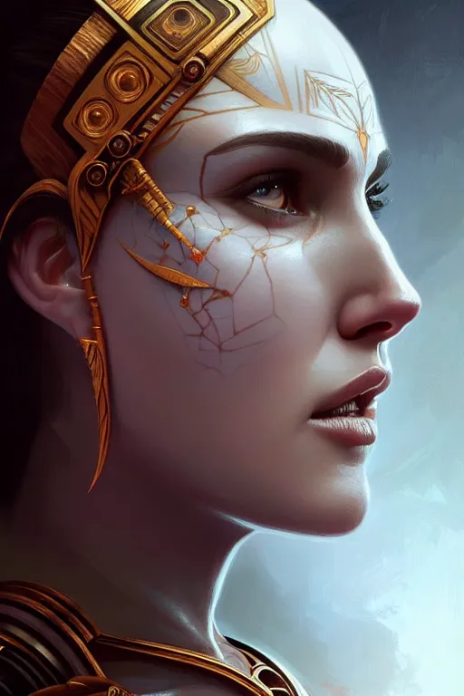 Image similar to symmetry!! portrait of natalie portman in the style of god of war, machine parts embedded into face, intricate, elegant, highly detailed, digital painting, artstation, concept art, smooth, sharp focus, illustration, art by artgerm and greg rutkowski and alphonse mucha, 8 k