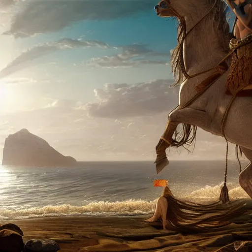 Prompt: a highly detailed tarot card of poseidon revealing himself, riding a horse out of the ocean woman sitting in the sand watching the ocean, epic fantasy, god rays, rocky beach, ultrawide lense, aerial photography, unreal engine, exquisite detail, 8 k, art by albert bierstadt and greg rutkowski and jeong seon