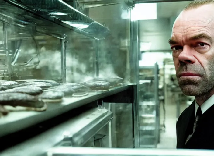 Image similar to film still of hugo weaving as agent smith working in a bakery in the new matrix movie, 4 k