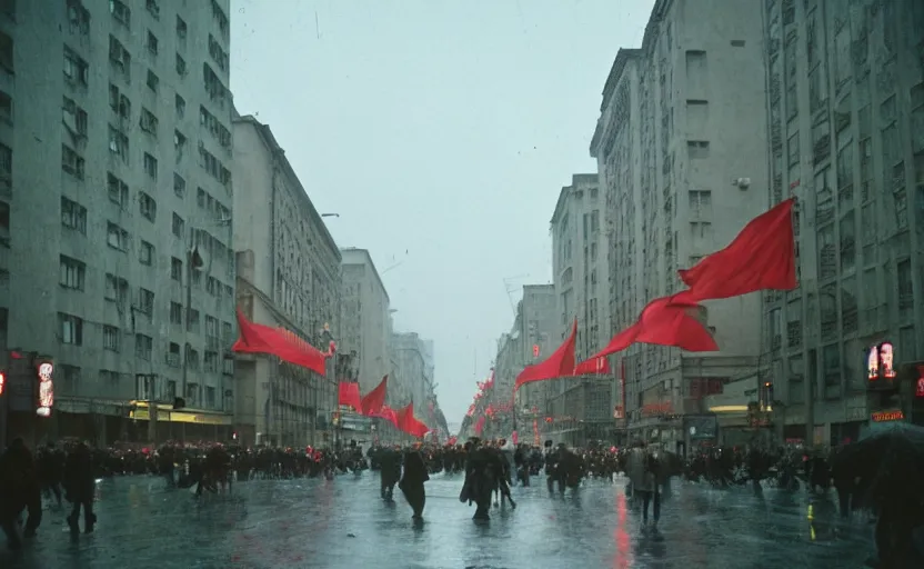 Prompt: 60s movie still of a sovietic street with many pedestrians with stalinist style highrise, Cinestill 800t 18mm, heavy grainy picture, very detailed, high quality, 4k panoramic, HD criterion, dramatic lightning, streetlight at night, rain, mud, foggy, soviet flags