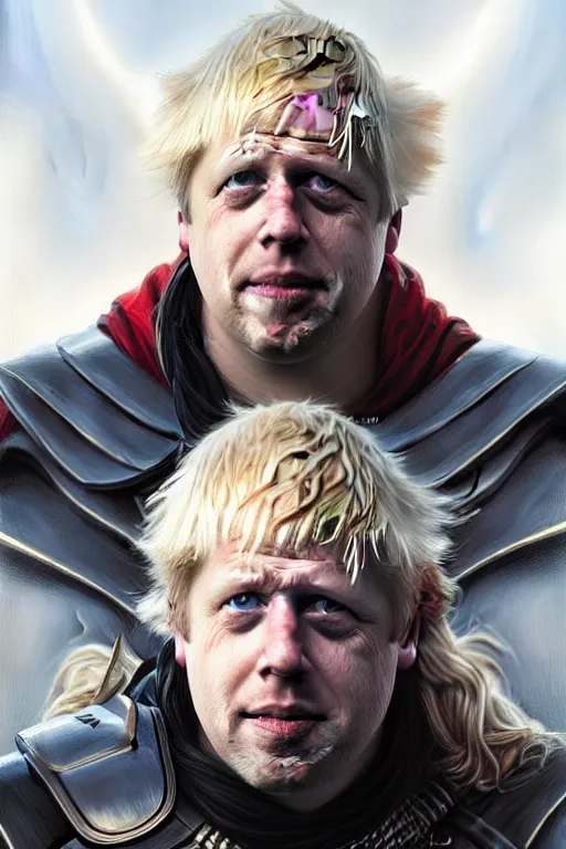 Image similar to Boris Johnson as Thor, realistic portrait, symmetrical, highly detailed, digital painting, artstation, concept art, smooth, sharp focus, illustration, cinematic lighting, art by artgerm and greg rutkowski and alphonse mucha