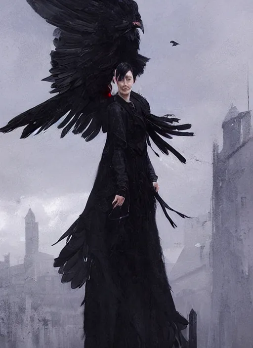 Prompt: a young woman with very short black hair and a huge cloak made of black raven feathers, beautiful painting by greg rutkowski