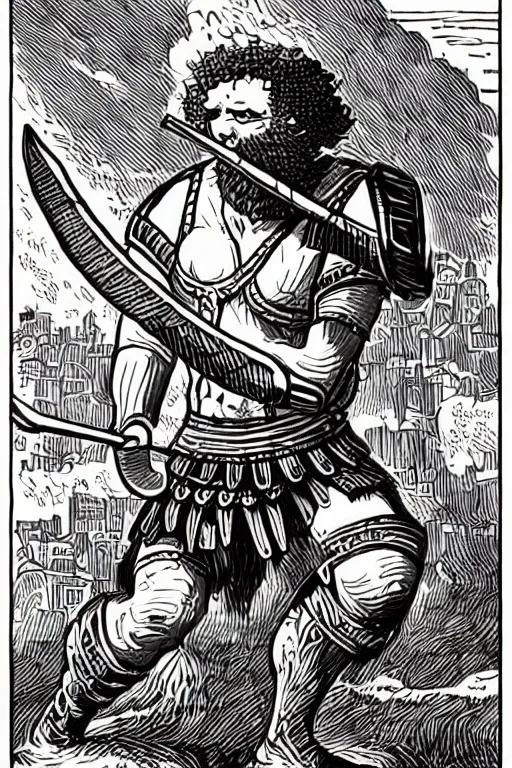 Image similar to ancient historically accurate depiction of the Bible Character Goliath of Gath, the Philistine warrior giant by mcbess