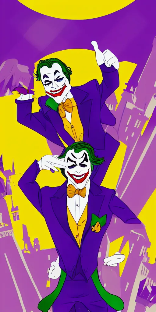 Image similar to joker wearing purple suit, yellow background, disney movie poster style, animation