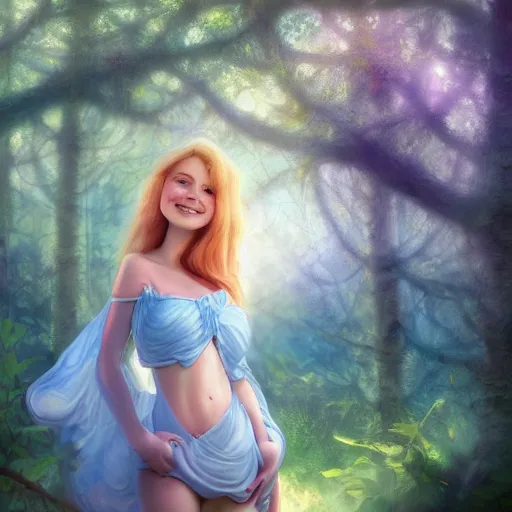 Prompt: sky blue fairy smiling in a forest, high detail, close shot, fantasy painting, cottagecore, fantasycore, light colors, artstation contest winner