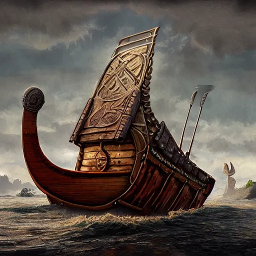 Prompt: a portrait painting of a viking ship, digital painting, hyper realistic, nordic mythology, full of details, in the style of simon stalenhag,