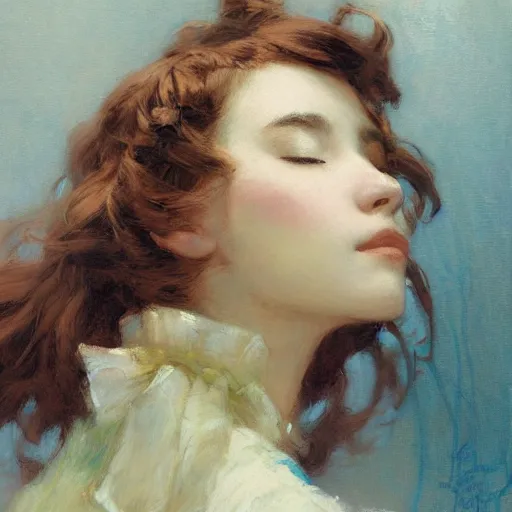 Prompt: a detailed upstate portrait of am pretty anime girl, eyes closed, uplight, painting by gaston bussiere, craig mullins, j. c. leyendecker