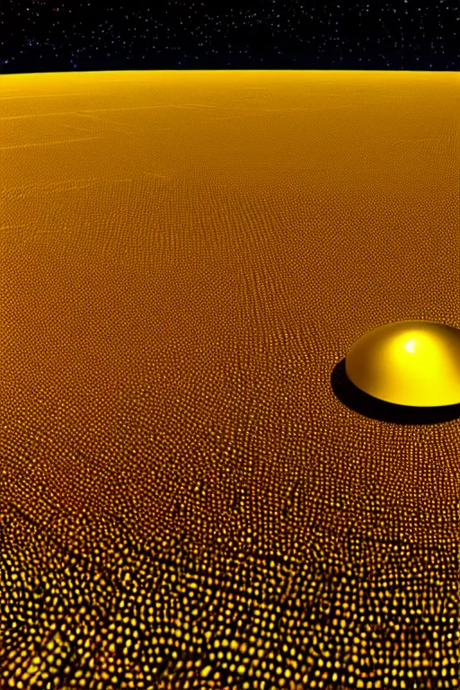 Image similar to isometric view of a shiny metallic glowing UFO hovering over a crop circle of intricate geometric pattern in flattened wheat, Cryengine, hyperrealistic, Artstation