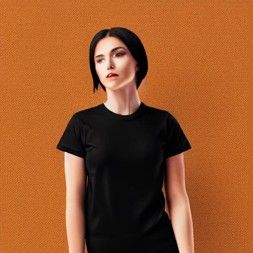Image similar to clear photorealistic mockup product photograph of a blank black tshirt on an attractive female model in front of an indoor background - h 7 0 4