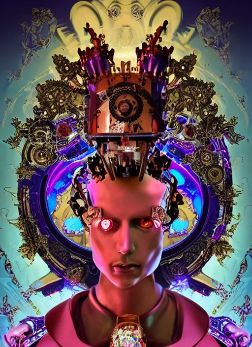 Image similar to baroque and cyberpunk style full-body sculpture of a young evil Hispanic prince half android with a chest exposing a glowing ruby battery, glowing pink seductive laser eyes, crown of blue gears and diamonds, swirling salmon-colored silk fabric, robotic raptors dinosaurs. baroque elements. full-length view. intricate artwork by caravaggio. art by Artgerm and Greg Rutkowski and Alphonse Mucha, Trending on artstation, cinematic industrial lighting, photorealistic, octane render, 8k, depth of field, 3D