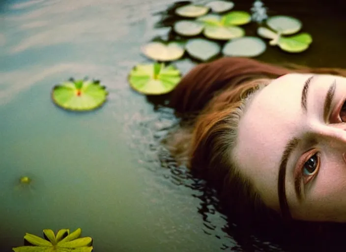 Image similar to Kodak Portra 400, 8K, soft light, volumetric lighting, highly detailed, brit marling style 3/4 ,view from above of close-up portrait photo of a beautiful woman how pre-Raphaelites painter, to float on one's back, part of the face is emerging of a pond with water lilies, she has a beautiful lace dress and hair are intricate with highly detailed realistic beautiful flowers , Realistic, Refined, Highly Detailed, natural outdoor soft pastel lighting colors scheme, outdoor fine art photography, Hyper realistic, photo realistic,warm lighting,