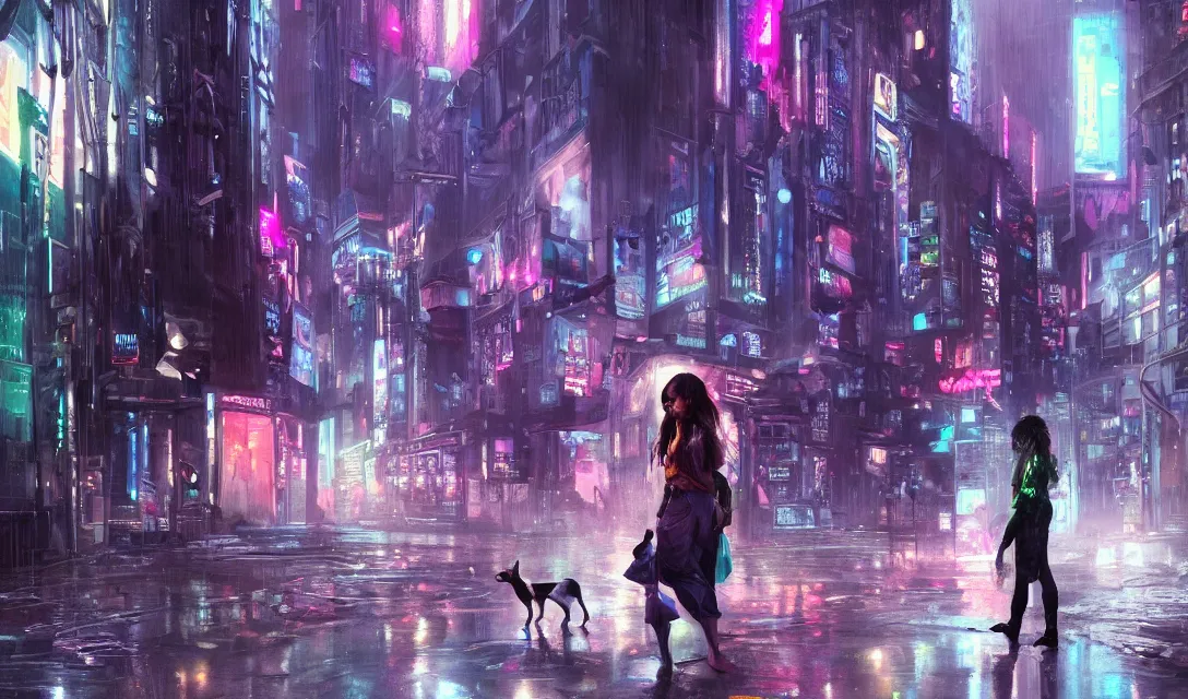 Prompt: a girl and a cat walk near the crowded street of a cyberpunk city, rain, harsh neon lights, highly detailed, digital painting, trending on artstation, concept art, sharp focus, illustration, art by artgerm and greg rutkowski and magali villeneuve