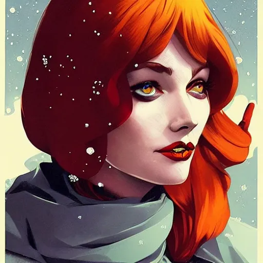 Image similar to Joshua Middleton comic art, stunning female Actress Audrey Plaza, spy, eye patch over left eye, evil smile, symmetrical face, symmetrical eyes, tailored clothing, long straight blonde hair, full body, Winter night