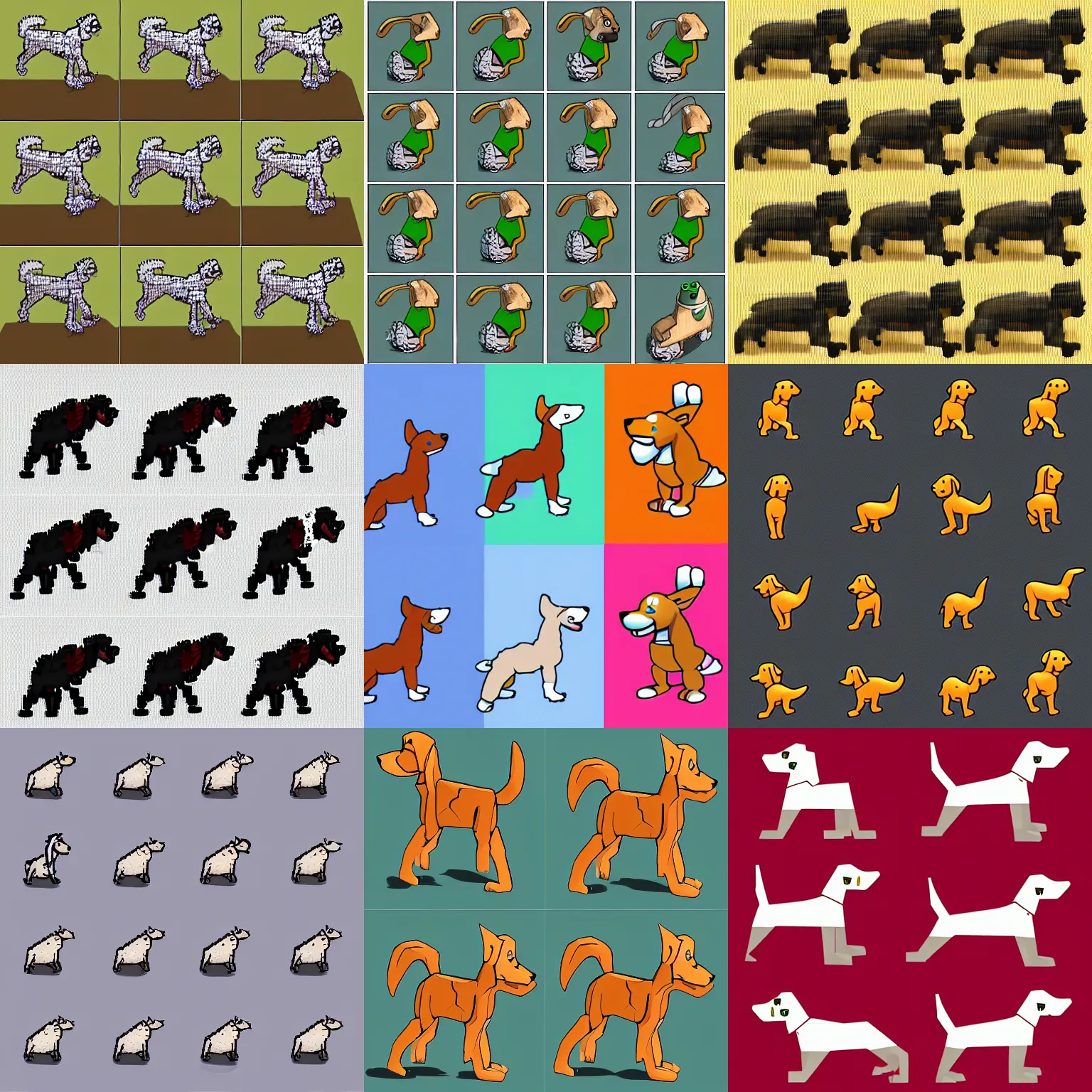 Prompt: run cycle of a dog, sprite sheet, 1 6 x 1 6, stylised