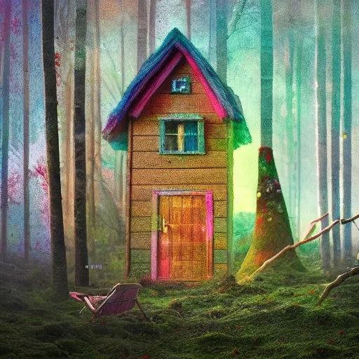 Image similar to small wooden house in the middle of enchanted forest, bright colours, watercolor, volumetric wool felting, macro photography, children illustration, by mike winkelmann