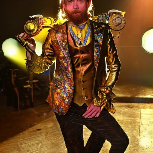 Prompt: golden god of a technicolor steampunk effervescent sun