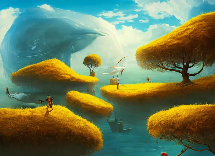 Prompt: epic fantasy landscape, floating islands with blue grass, golden trees, flying white whales, day time, by Cyril Aquasixio Rolando, Cyril Rolando,
