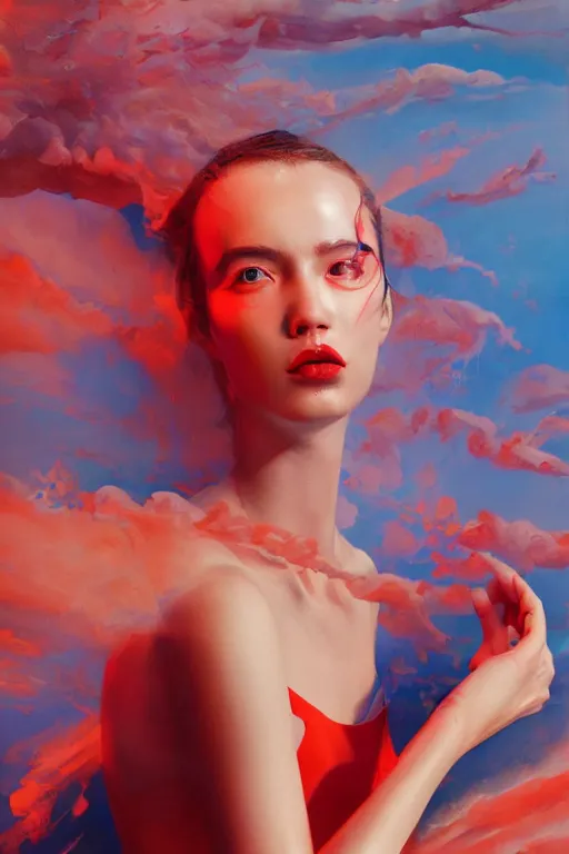 Image similar to 3 d, sci - fi, sun, sleepy fashion model face, sun, cinematic, lightning clouds, vogue cover style, stanley kubrick, light red and deep blue mood, realistic painting, intricate oil painting, high detail, figurative art, multiple exposure, poster art, 3 d, by tooth wu and wlop and beeple and greg rutkowski