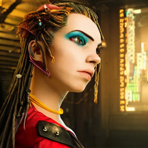 Image similar to a high quality portrait of a beautiful female pirate in a cyberpunk cafe realism 8k