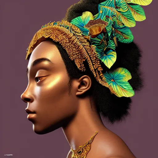 Image similar to kodak portra 4 0 0, 8 k, artstation, soft light, volumetric lighting, highly detailed, britt marling style 3 / 4 portrait photography of a beautiful woman pre - raphaelite, inspired by thandiwe muriu, royal woman wearing ornate art nouveau orchid headdress, realistic, refined, highly detailed
