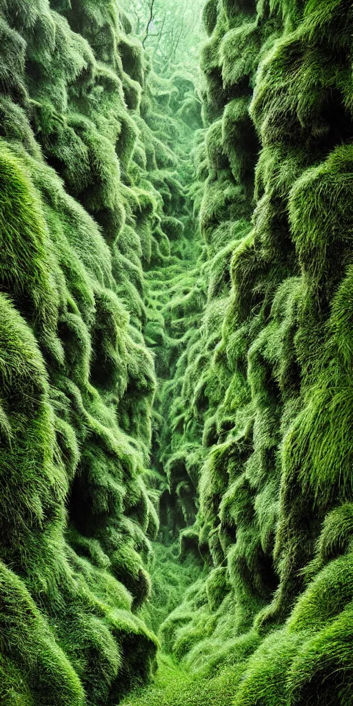 Prompt: dream looking through, a hyper realistic photograph fertile, lush mossy ferns canyon, ferns, minimalist structure, misty, raining, icelandic valley, in the style of reuben wu, roger deakins