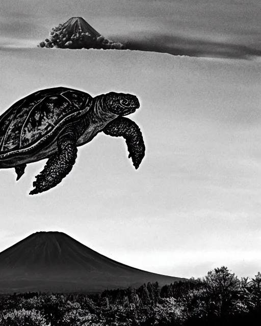 Image similar to photos of Gamera, the giant Turtle kaiju monster with an erupting Mount Fuji in the background, shot in the style of National Geographic, atmospheric, Japan, hyperreal