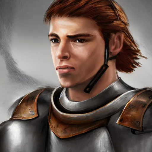 Image similar to character portrait young scarred captain knight with a steel breastplate, short brown hair and stubble. straight nose, brown eyes, lean face and build. hyper detailed