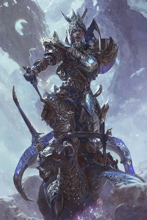 Image similar to Fantasy Paladin with tower shield wearing an intricate azure wolf themed full plated armor, moonlit, HD, illustration, epic, D&D, fantasy, intricate, elegant, highly detailed, digital painting, artstation, concept art, smooth, sharp focus, illustration, art by artgerm and greg rutkowski and alphonse mucha